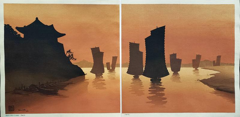 Korean junks at sunset, diptyque, 1928